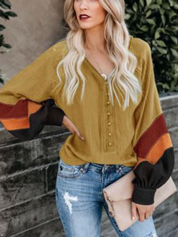 Women Color-Block Balloon Sleeve Casual Blouse