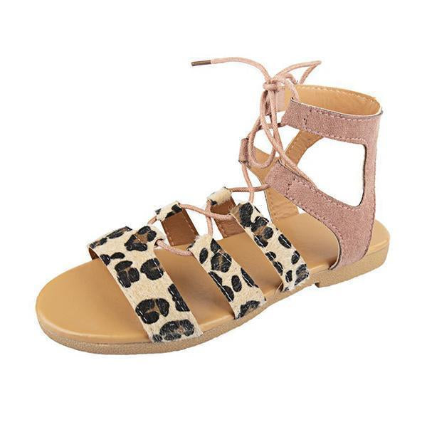 Leopard Patchwrok Lace-up Sandals Peep-toe Shoes