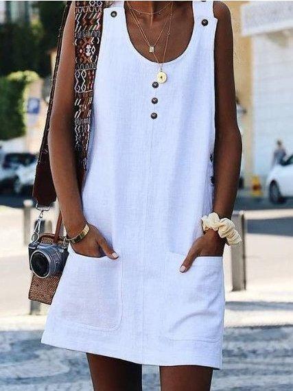 White Crew Neck Buttoned Cotton-Blend Sleeveless Dresses