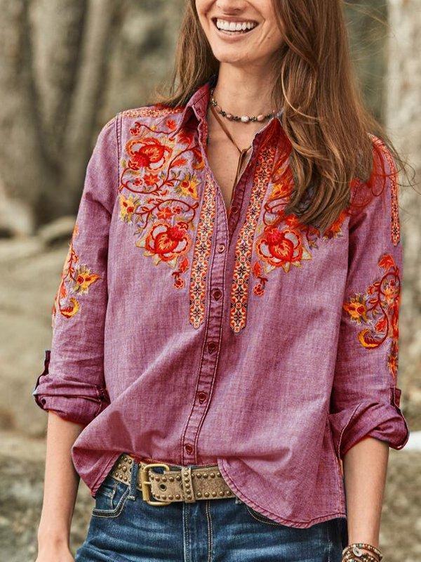 Women's Plus Size Embroidery Buttoned Casual Shirt Collar Tops