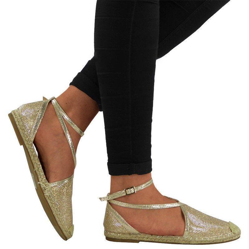 Women Flat Heel Espadrille Shoes Buckle Shining Sandals