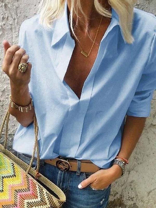 Women Long Sleeves Shirt Collar Solid Casual Shirts