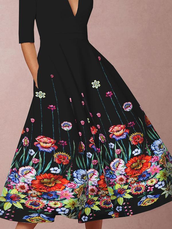 Women Elegant Black Dresses Printed Midi Dresses