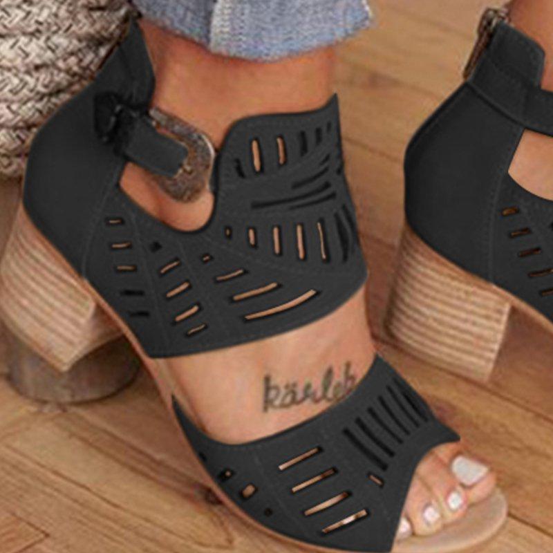 Women Artificial Leather Chunky Heel Adjustable Buckle Sandals Casual Shoes