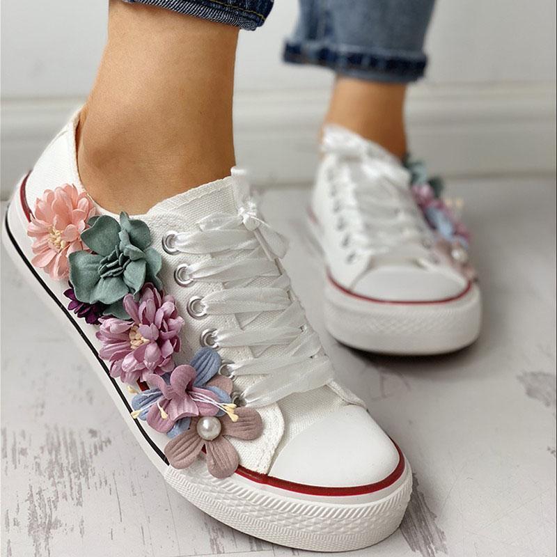 Women Floral Embellished Lace-Up Casual Sneakers