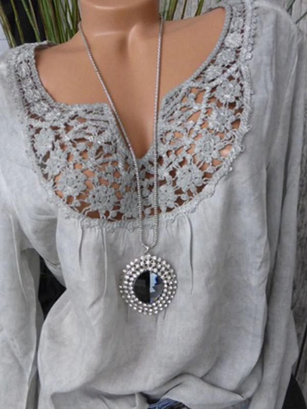 V-neck Paneled Lace Blouse Solid Tops