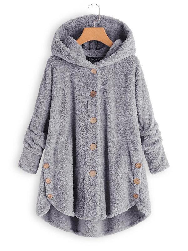 Women Fleece Hooded Asymmetrical Hem Button Coat