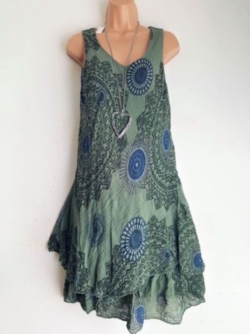 Women Sleeveless Causal Dresses Scoop Neckline Printed Dress