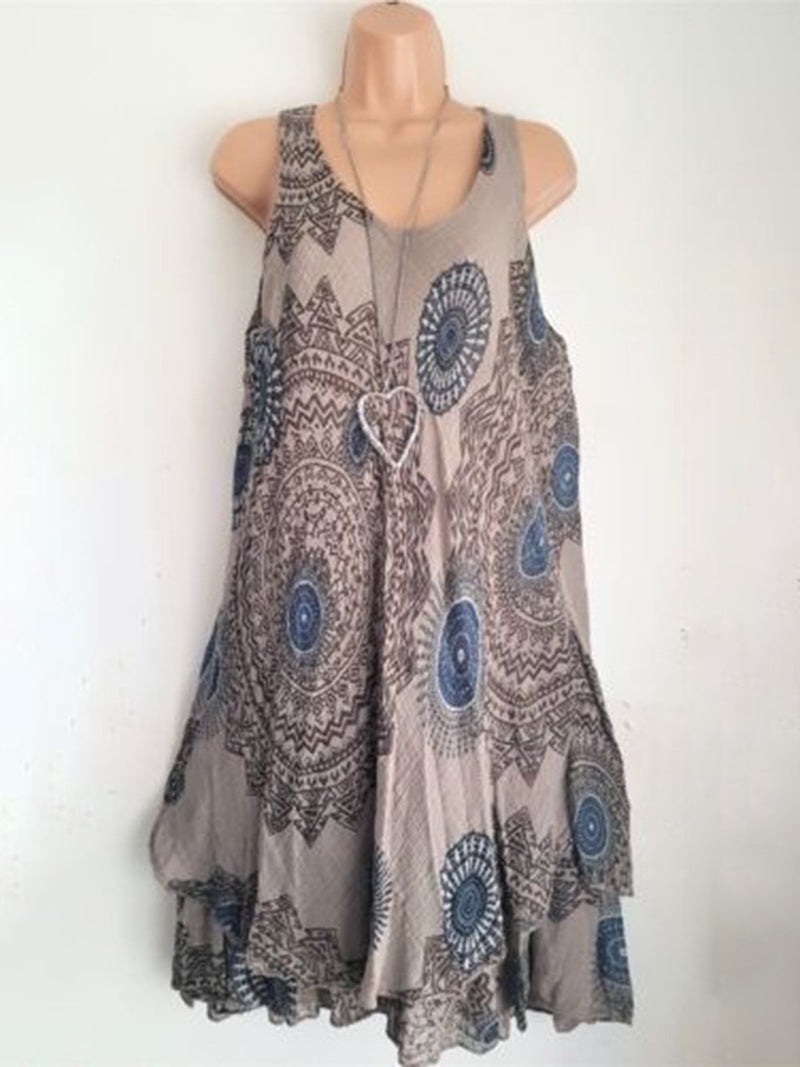 Women Sleeveless Causal Dresses Scoop Neckline Printed Dress