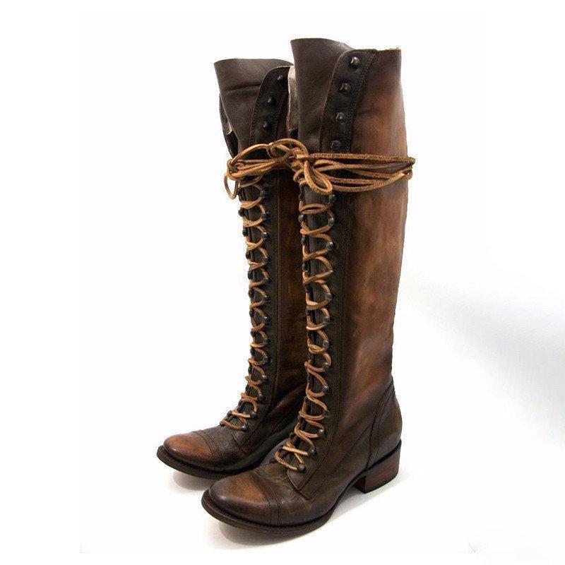 Women Winter Vintage Boots Lace-up Knee-high Shoes