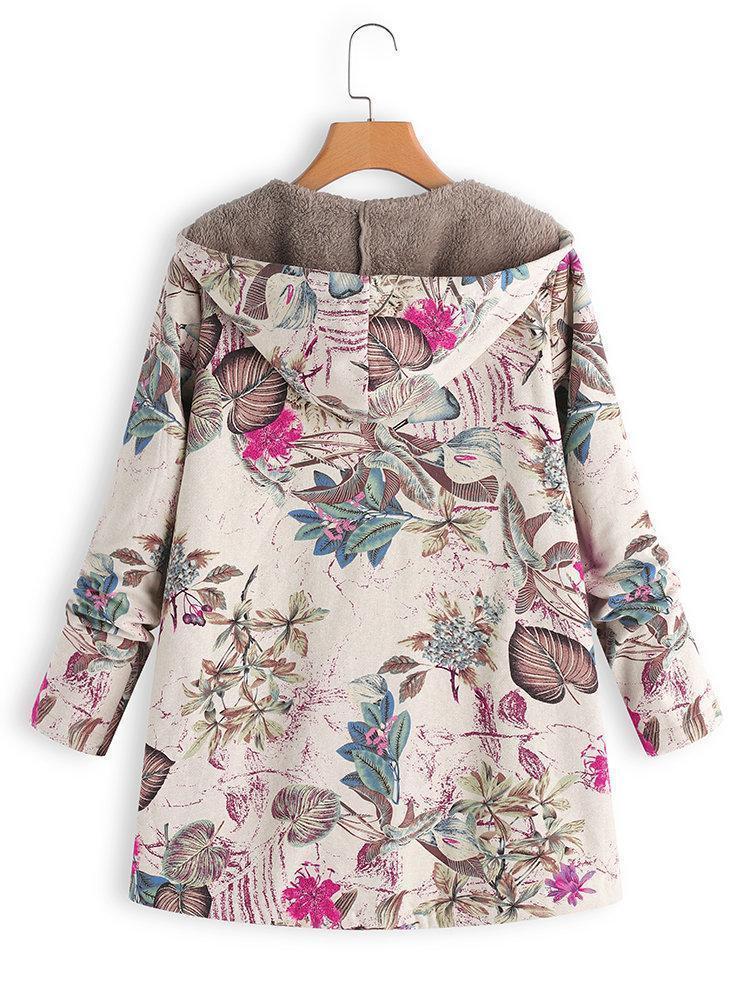 WOMEN FLORAL LONG SLEEVE HOODIE POCKETS WINTER PLUS SIZE COAT